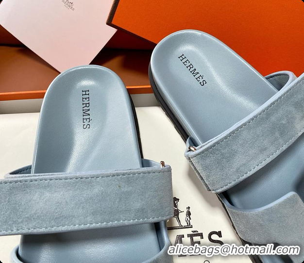Good Quality Hermes Women’s Chypre Sandal Light Blue Suede 60702214