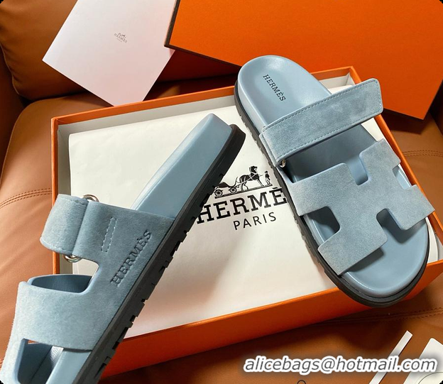 Good Quality Hermes Women’s Chypre Sandal Light Blue Suede 60702214