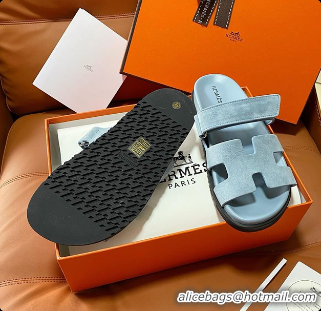 Good Quality Hermes Women’s Chypre Sandal Light Blue Suede 60702214