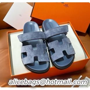 Classic Hot Hermes Chypre Sandals Bleu Turquin Suede 60702215