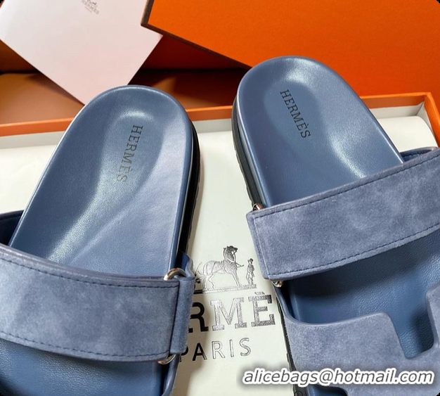 Classic Hot Hermes Chypre Sandals Bleu Turquin Suede 60702215