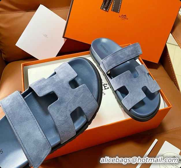 Classic Hot Hermes Chypre Sandals Bleu Turquin Suede 60702215