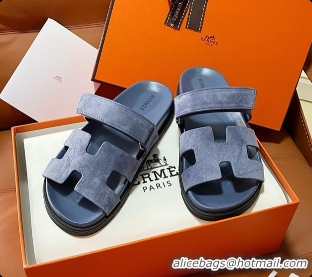 Classic Hot Hermes Chypre Sandals Bleu Turquin Suede 60702215