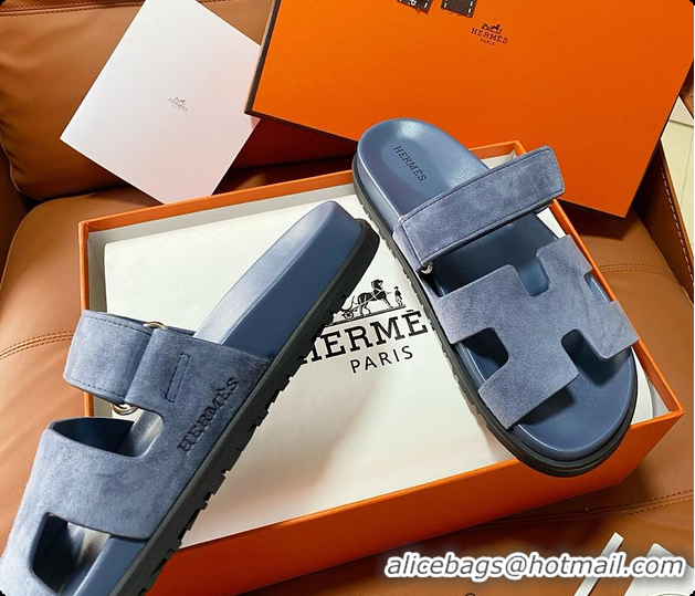 Classic Hot Hermes Chypre Sandals Bleu Turquin Suede 60702215