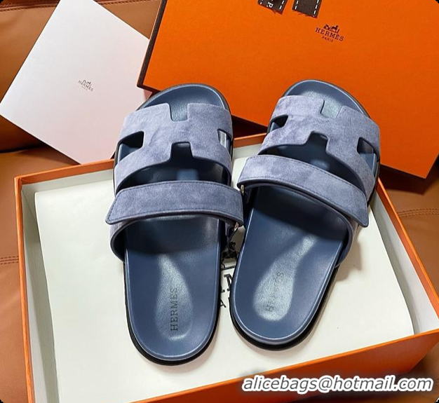 Classic Hot Hermes Chypre Sandals Bleu Turquin Suede 60702215