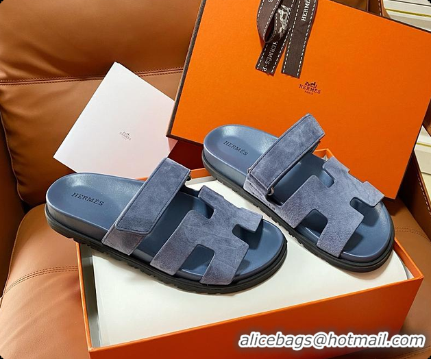 Classic Hot Hermes Chypre Sandals Bleu Turquin Suede 60702215