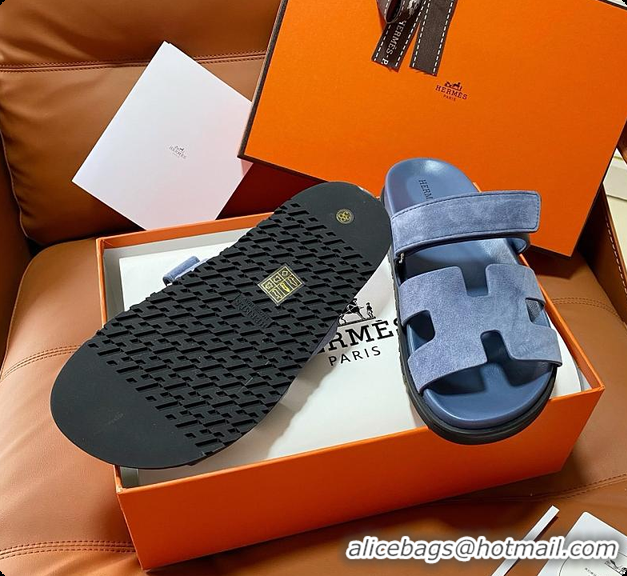 Classic Hot Hermes Chypre Sandals Bleu Turquin Suede 60702215