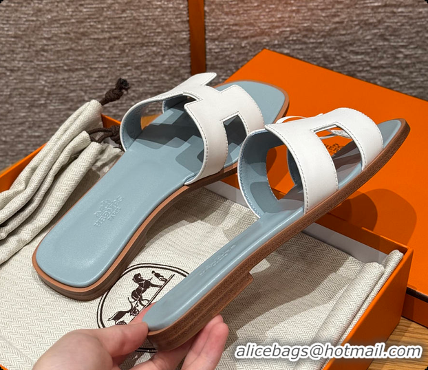 Discount Hermes Oran sandal White / Glacier Blue 60702301