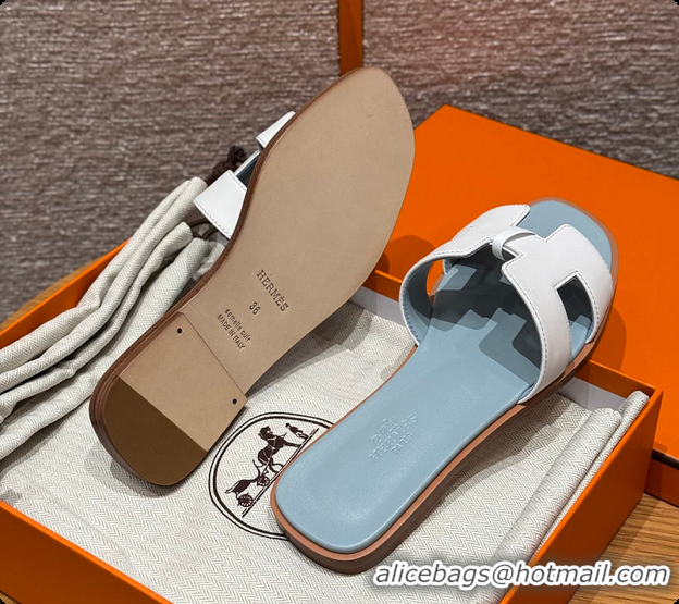 Discount Hermes Oran sandal White / Glacier Blue 60702301