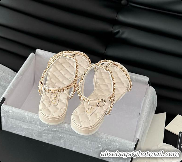 Best Product Chanel Beige Lambskin Chain CC Logo Thong Sandals White 60702502
