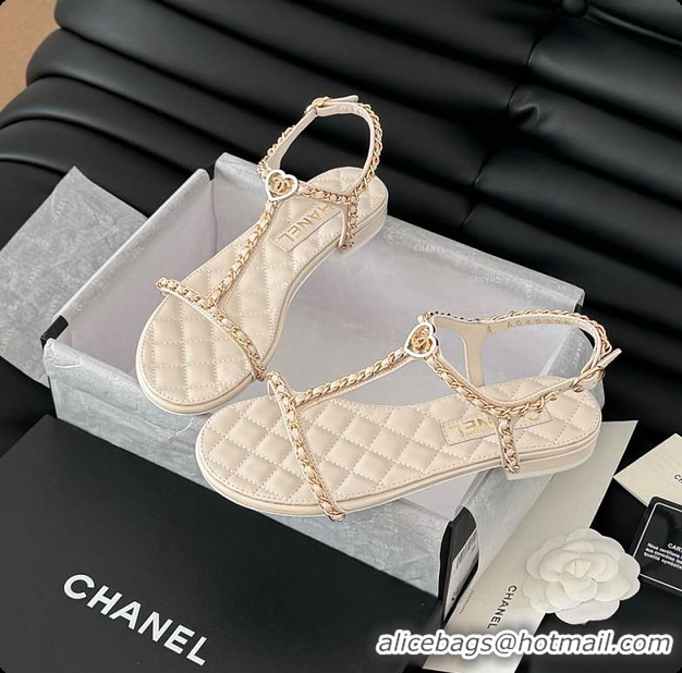 Best Product Chanel Beige Lambskin Chain CC Logo Thong Sandals White 60702502