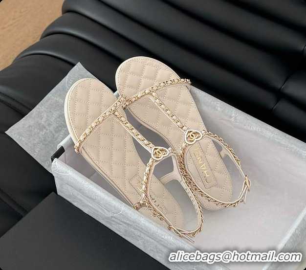 Best Product Chanel Beige Lambskin Chain CC Logo Thong Sandals White 60702502