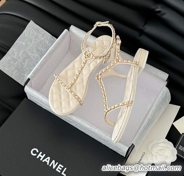 Best Product Chanel Beige Lambskin Chain CC Logo Thong Sandals White 60702502