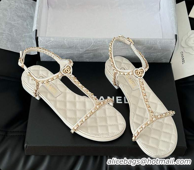 Best Product Chanel Beige Lambskin Chain CC Logo Thong Sandals White 60702502