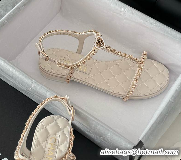Best Product Chanel Beige Lambskin Chain CC Logo Thong Sandals White 60702502