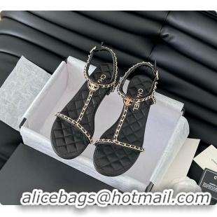 Good Product Chanel Beige Lambskin Chain CC Logo Thong Sandals Black 60702502