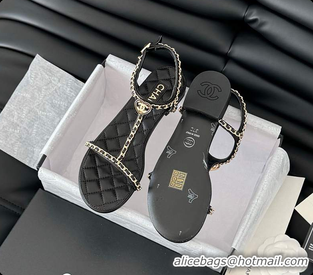 Good Product Chanel Beige Lambskin Chain CC Logo Thong Sandals Black 60702502