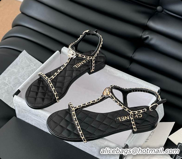 Good Product Chanel Beige Lambskin Chain CC Logo Thong Sandals Black 60702502