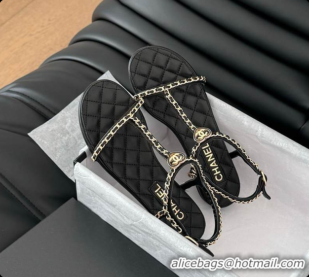 Good Product Chanel Beige Lambskin Chain CC Logo Thong Sandals Black 60702502