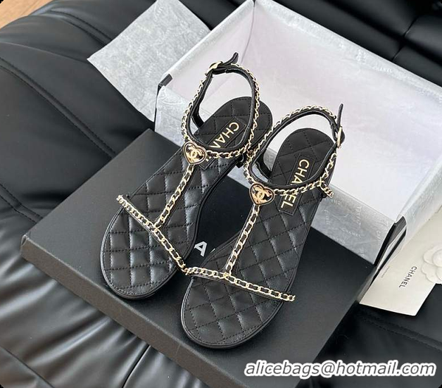 Good Product Chanel Beige Lambskin Chain CC Logo Thong Sandals Black 60702502