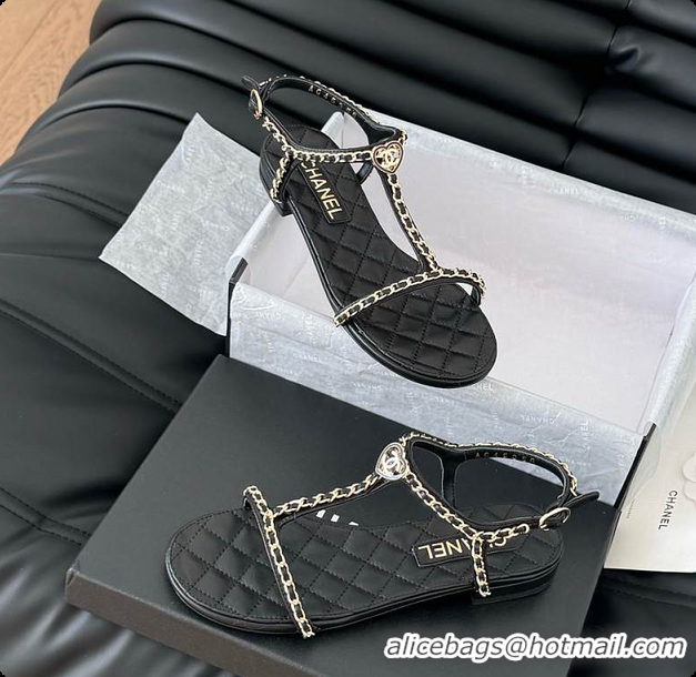 Good Product Chanel Beige Lambskin Chain CC Logo Thong Sandals Black 60702502