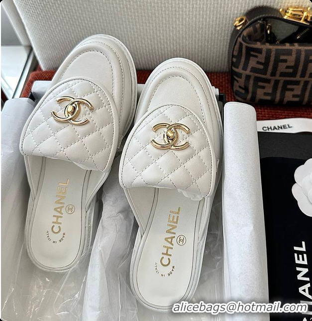 Buy Luxury Chanel Quilted Double C Buckle Mule Slippers White 60702503
