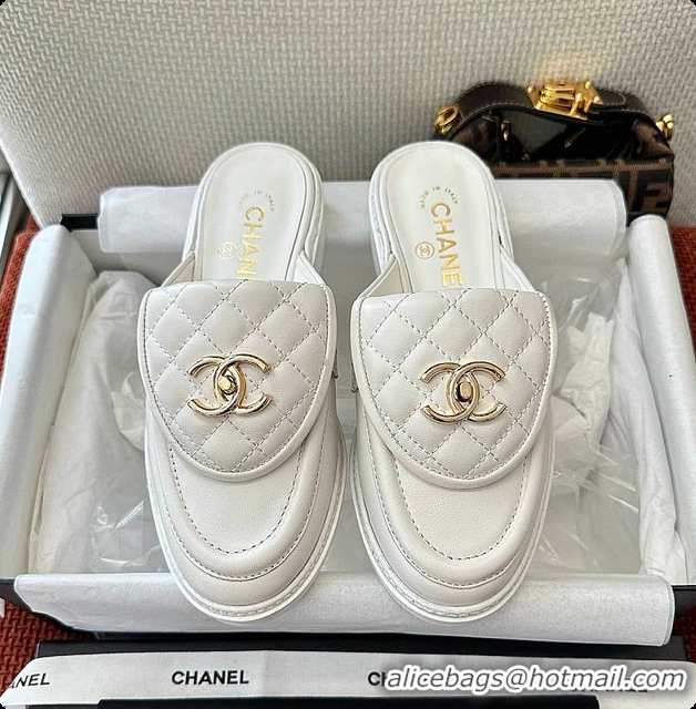 Buy Luxury Chanel Quilted Double C Buckle Mule Slippers White 60702503