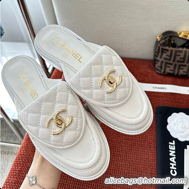Buy Luxury Chanel Quilted Double C Buckle Mule Slippers White 60702503