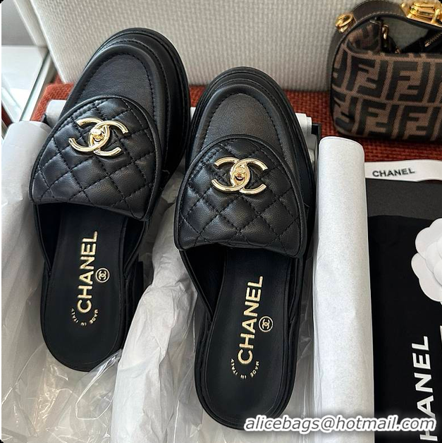 Good Quality Chanel Quilted Double C Buckle Mule Slippers Black 60702503