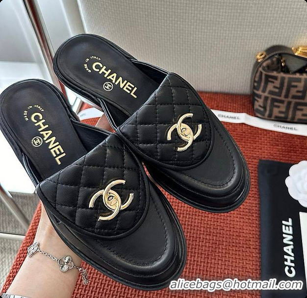 Good Quality Chanel Quilted Double C Buckle Mule Slippers Black 60702503