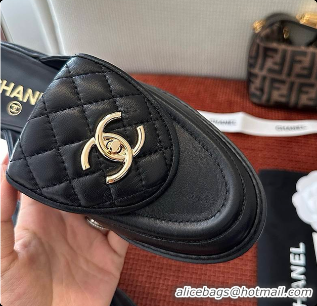 Good Quality Chanel Quilted Double C Buckle Mule Slippers Black 60702503