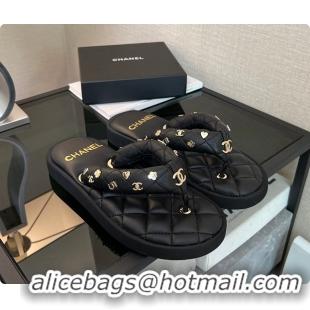 Hot Style Chanel Coco Beach Quilted Leather Thong Sandals Black 60702505