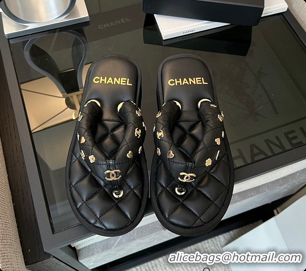 Hot Style Chanel Coco Beach Quilted Leather Thong Sandals Black 60702505