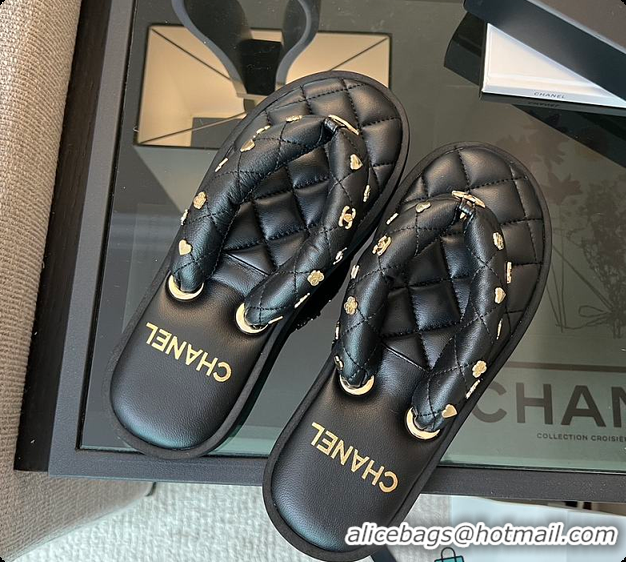 Hot Style Chanel Coco Beach Quilted Leather Thong Sandals Black 60702505