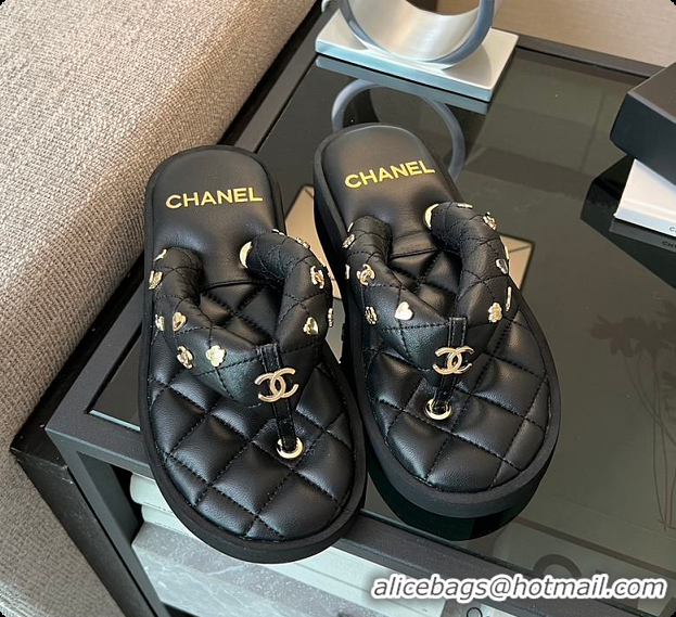 Hot Style Chanel Coco Beach Quilted Leather Thong Sandals Black 60702505