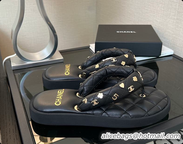 Hot Style Chanel Coco Beach Quilted Leather Thong Sandals Black 60702505