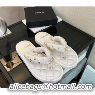 Top Grade Chanel Coco Beach Quilted Leather Thong Sandals White 60702601