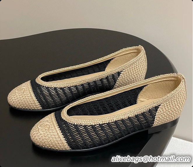 Good Product Chanel Spring-Summer 25P Raphia Ballet Flats in Noir/Beige 60702603