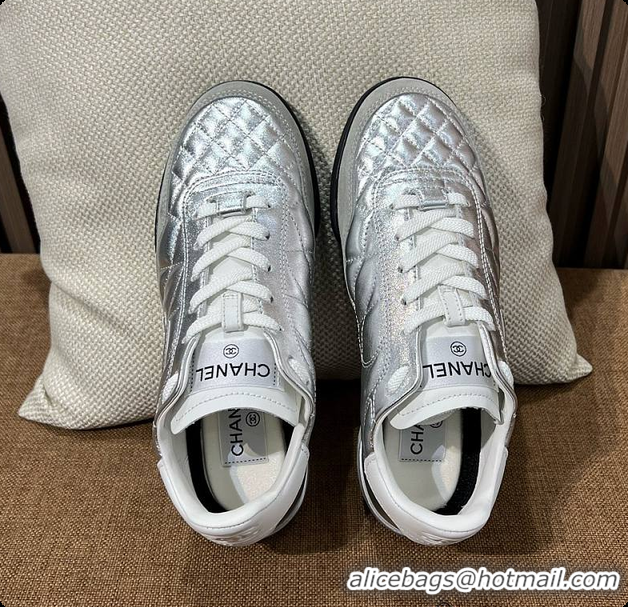Good Quality Chanel Trainers Shiny Calfskin, Calfskin & Suede Calfskin Silver & White 60702604