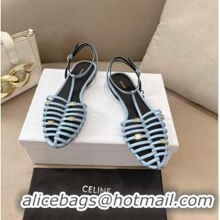 ​Best Price Celine Cage Flat Sandal In Goatskin CE6534 Sky Blue/Black 2026