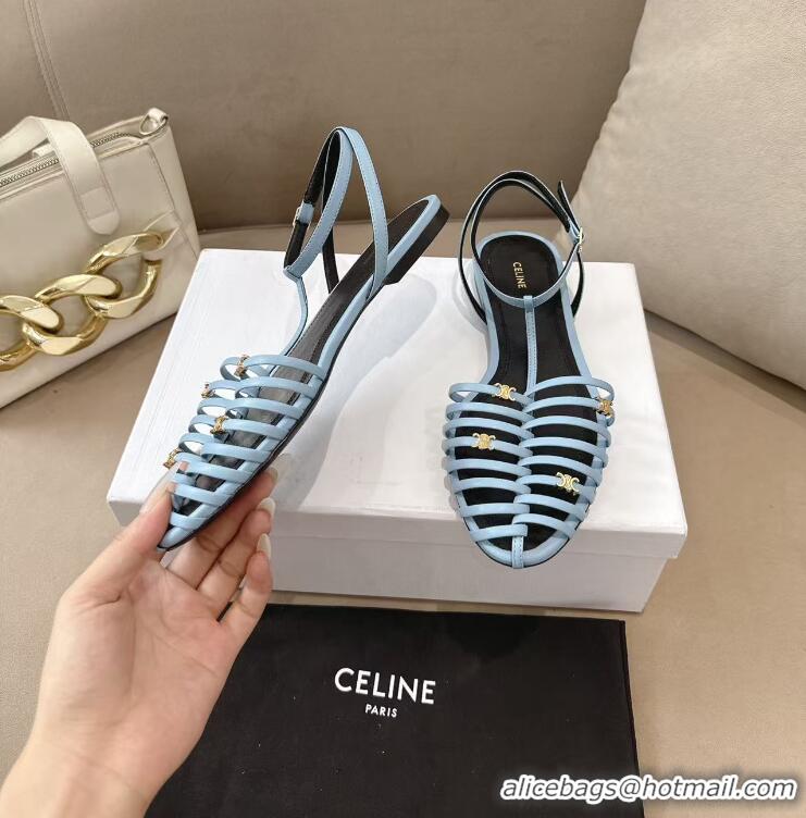 ​Best Price Celine Cage Flat Sandal In Goatskin CE6534 Sky Blue/Black 2026