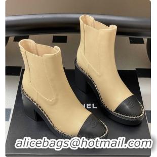 Pretty Style Chanel Beige & Black Cap-toe Ankle Boots With Chain Trim 60702605