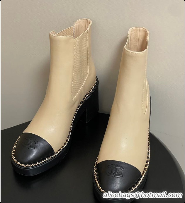 Pretty Style Chanel Beige & Black Cap-toe Ankle Boots With Chain Trim 60702605
