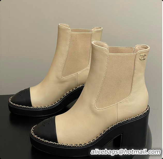 Pretty Style Chanel Beige & Black Cap-toe Ankle Boots With Chain Trim 60702605