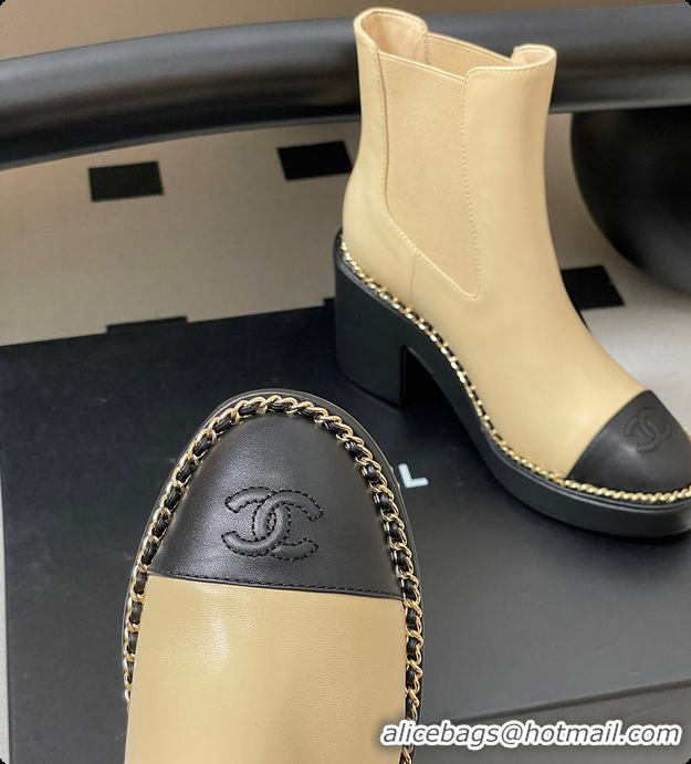 Pretty Style Chanel Beige & Black Cap-toe Ankle Boots With Chain Trim 60702605
