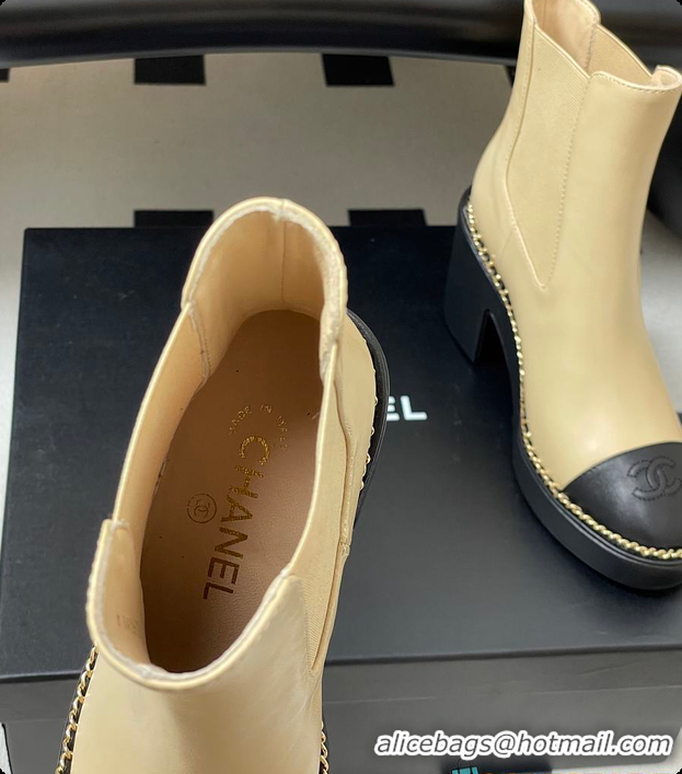 Pretty Style Chanel Beige & Black Cap-toe Ankle Boots With Chain Trim 60702605