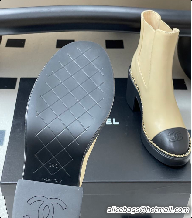 Pretty Style Chanel Beige & Black Cap-toe Ankle Boots With Chain Trim 60702605