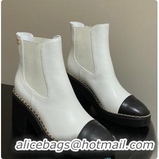 Shop Cheap Chanel White & Black Cap-toe Ankle Boots With Chain Trim 60702606