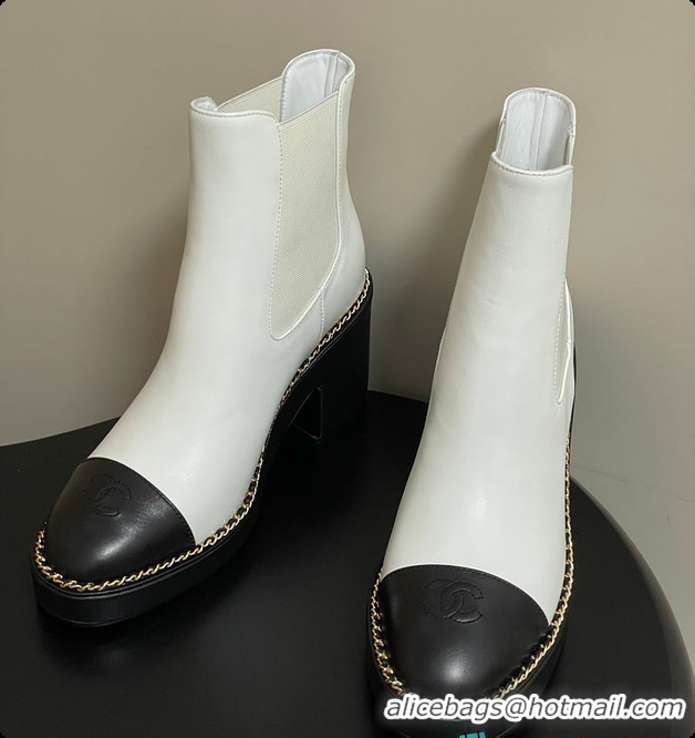 Shop Cheap Chanel White & Black Cap-toe Ankle Boots With Chain Trim 60702606