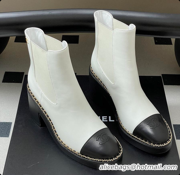 Shop Cheap Chanel White & Black Cap-toe Ankle Boots With Chain Trim 60702606